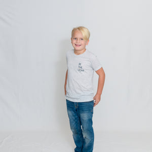 Kids White Fleck Crewneck Short Sleeve Tshirt with Be the Light Design on Chest