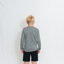 Load image into Gallery viewer, Rear View Gray Kids Long Sleeve Jersey Tee with Ari Heart and Be the Light on the Left Sleeve
