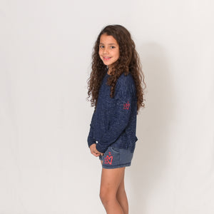 Girls - Navy Long Sleeve Lightweight Cuddle Top - Ari Heart and Be the Light Text in Red with Matching Shorts
