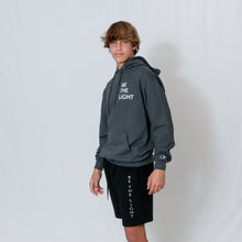 Load image into Gallery viewer, Charcoal Gray Hooded Sweatshirt with Be the Light Design on Left Chest

