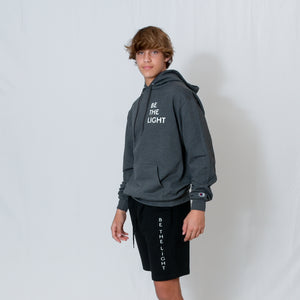 Charcoal Gray Hooded Sweatshirt with Be the Light Design on Left Chest