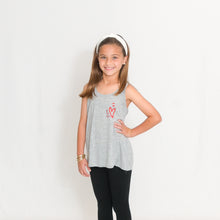 Load image into Gallery viewer, Girls Flowy Racerback Tank Top in light heather gray with Ari&#39;s Heart in red on left chest
