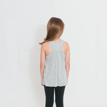 Load image into Gallery viewer, Rear view Girls Flowy Racerback Tank Top in light heather gray with Ari&#39;s Heart in red on left chest
