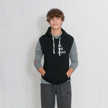 Load image into Gallery viewer, Black Sleeveless Fleece Hooded Sweatshirt with Be the Light Design in White on the Chest

