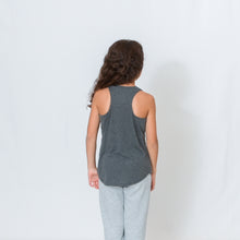 Load image into Gallery viewer, Rear View Girls granite v-neck sleeveless flowy racerback tank. BE THE LIGHT on the left chest in silver.
