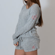Load image into Gallery viewer, Oxford Gray Cuddle Shorts For Ladies with Embroidered Ari Heart and Be the Light 
