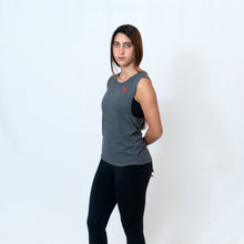 Load image into Gallery viewer, Scoop Muscle Tank in Gray Slub with Ari Heart Design on the Front in Red and Be the Light Design on the Back in Red
