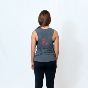 Rear View Scoop Muscle Tank in Gray Slub with Ari Heart Design on the Front in Red and Be the Light Design on the Back in Red