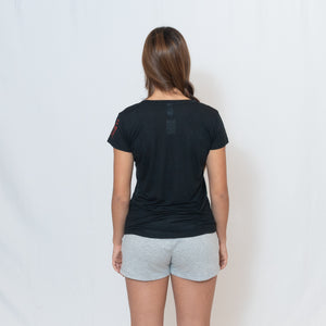 Rear View Black V-neck Jersey Tshirt with Ari Heart and Be the Light Design on the Left Sleeve