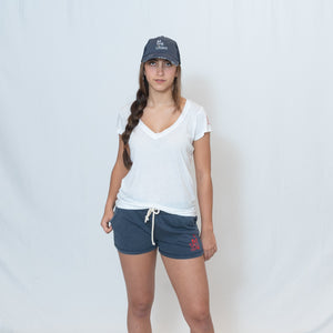 Ladies Navy Rally Shorts with Ari Heart in Red Writing on Left Thigh