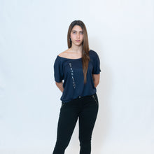 Load image into Gallery viewer, Midnight Blue Slouchy Fit T-Shirt with Be the Light Vertical Design on Front
