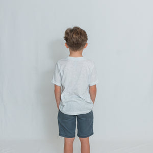 Rear View White Heather Youth Size T-Shirt with Be the Light Design in Blue Across the Chest