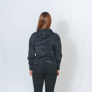 Rear View Be the Light White Text Unisex Lightweight Black Camo Hoodie with Kangaroo Pocket