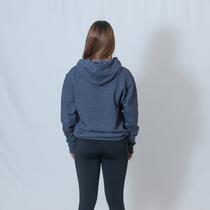 Rear View Heather Navy Hooded Sweatshirt with Be the Light Design on Left Chest