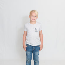 Load image into Gallery viewer, Kids White Fleck Crewneck Short Sleeve Tshirt with Be the Light Design on Chest
