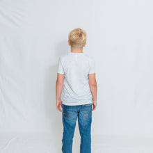 Load image into Gallery viewer, Rear View Kids White Fleck Crewneck Short Sleeve Tshirt with Be the Light Design on Chest
