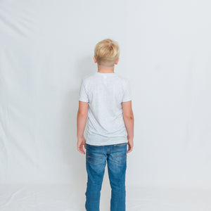 Rear View Kids White Fleck Crewneck Short Sleeve Tshirt with Be the Light Design on Chest
