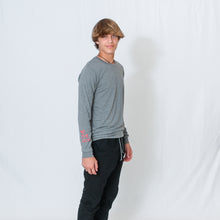 Load image into Gallery viewer, Gray Unisex Long Sleeve T-shirt with Be the Light Design in Red on Right Wrist

