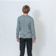 Load image into Gallery viewer, Rear View Gray Unisex Long Sleeve T-shirt with Be the Light Design in Red on Right Wrist
