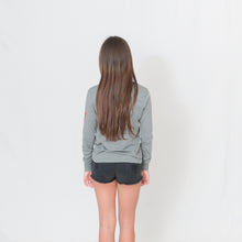 Load image into Gallery viewer, Rear VIew Gray Kids Long Sleeve Jersey Tee with Ari Heart and Be the Light on the Left Sleeve
