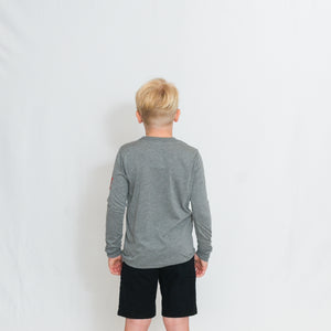 Rear View Gray Kids Long Sleeve Jersey Tee with Ari Heart and Be the Light on the Left Sleeve
