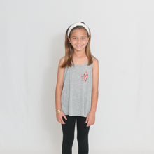 Load image into Gallery viewer, Girls Flowy Racerback Tank Top in light heather gray with Ari&#39;s Heart in red on left chest
