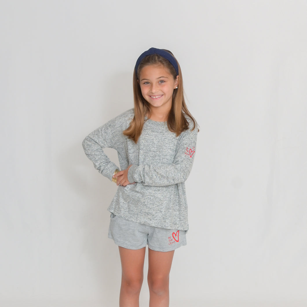 Girls - Light Gray/Oxford Long Sleeve Lightweight Cuddle Top - Ari Heart and Be the Light Text in Red