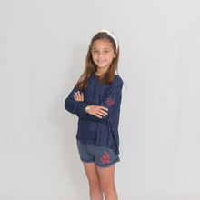 Load image into Gallery viewer, Girls - Navy Long Sleeve Lightweight Cuddle Top - Ari Heart and Be the Light Text in Red
