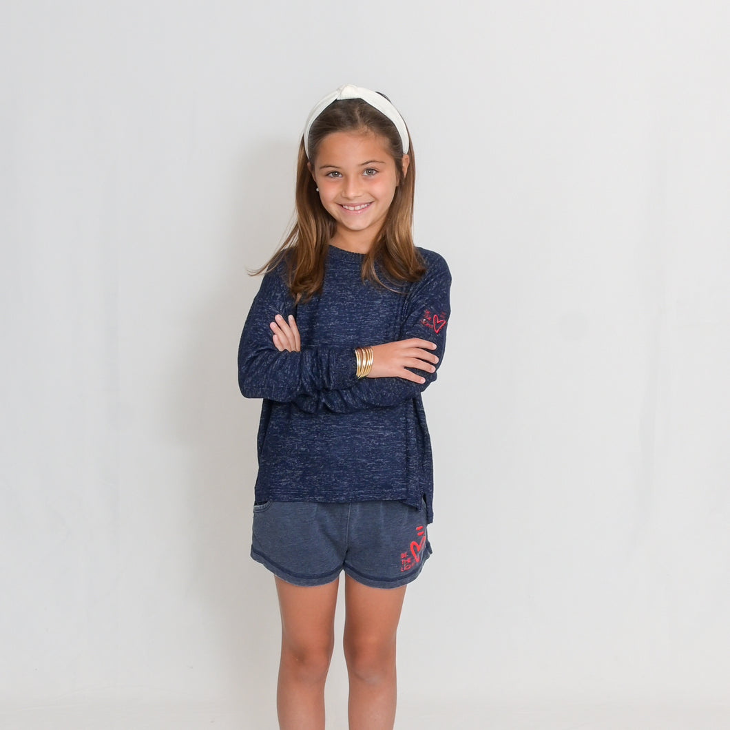 Girls - Navy Long Sleeve Lightweight Cuddle Top - Ari Heart and Be the Light Text in Red