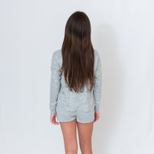Load image into Gallery viewer, Rear View Girls Oxford/Light Gray Rally Shorts with Ari&#39;s Heart image on left thigh
