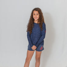 Load image into Gallery viewer, Girls - Navy Long Sleeve Lightweight Cuddle Top - Ari Heart and Be the Light Text in Red with Matching Shorts
