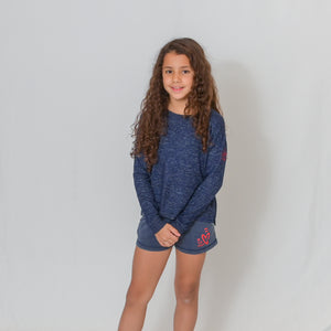 Girls - Navy Long Sleeve Lightweight Cuddle Top - Ari Heart and Be the Light Text in Red with Matching Shorts