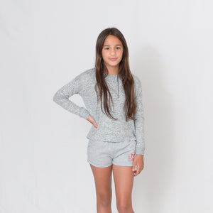 Girls - Light Gray/Oxford Long Sleeve Lightweight Cuddle Top - Ari Heart and Be the Light Text in Red