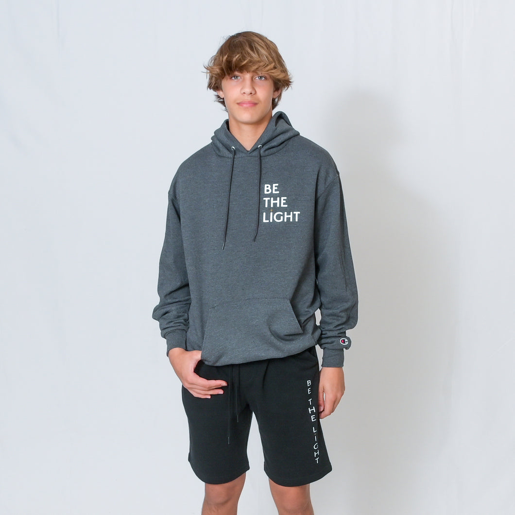 Charcoal Gray Hooded Sweatshirt with Be the Light Design on Left Chest