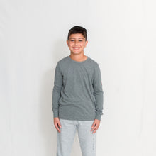 Load image into Gallery viewer, Gray Kids Long Sleeve Jersey Tee with Ari Heart and Be the Light on the Left Sleeve
