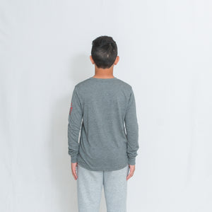 Rear View Gray Kids Long Sleeve Jersey Tee with Ari Heart and Be the Light on the Left Sleeve
