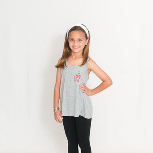 Girls Flowy Racerback Tank Top in light heather gray with Ari's Heart in red on left chest