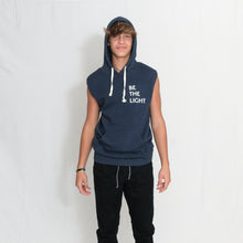 Load image into Gallery viewer, Navy Sleeveless Fleece Hooded Sweatshirt with Be the Light Design in White on the Chest

