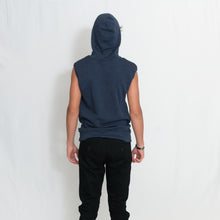 Load image into Gallery viewer, Rear View Navy Sleeveless Fleece Hooded Sweatshirt with Be the Light Design in White on the Chest
