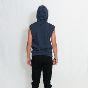 Rear View Navy Sleeveless Fleece Hooded Sweatshirt with Be the Light Design in White on the Chest