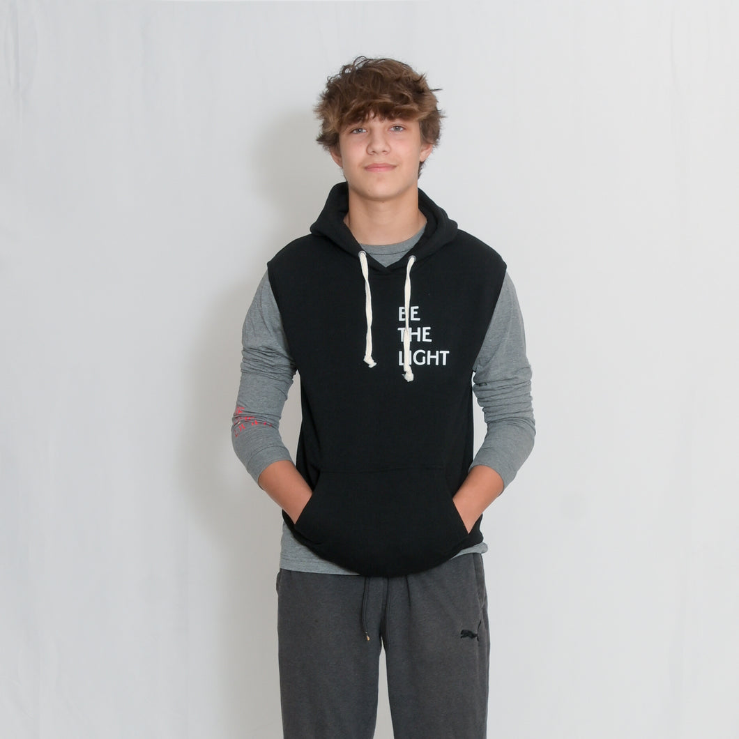 Black Sleeveless Fleece Hooded Sweatshirt with Be the Light Design in White on the Chest