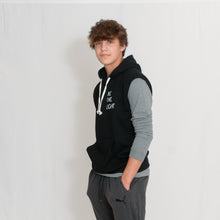 Load image into Gallery viewer, Black Sleeveless Fleece Hooded Sweatshirt with Be the Light Design in White on the Chest
