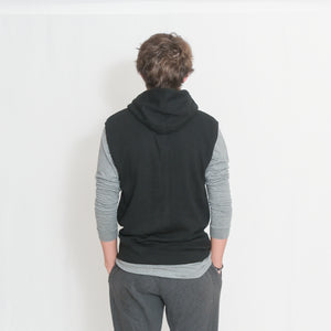 Rear View Black Sleeveless Fleece Hooded Sweatshirt with Be the Light Design in White on the Chest