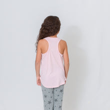 Load image into Gallery viewer, Rear View Girls pale pink v-neck sleeveless flowy racerback tank. BE THE LIGHT on the left chest in silver.
