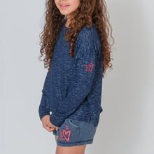 Load image into Gallery viewer, Girls Navy Rally Shorts with Ari&#39;s Heart image on left thigh
