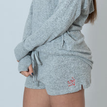 Load image into Gallery viewer, Close up Oxford Gray Cuddle Shorts For Ladies with Embroidered Ari Heart and Be the Light 
