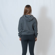 Load image into Gallery viewer, Rear View Charcoal Gray Hooded Sweatshirt with Be the Light Design on Left Chest
