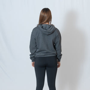 Rear View Charcoal Gray Hooded Sweatshirt with Be the Light Design on Left Chest
