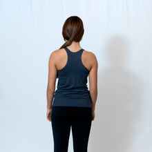 Load image into Gallery viewer, Rear View Vintage Navy Racerback Tank with Raw Hem Look and Be the Light Down the Front
