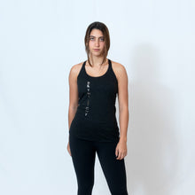Load image into Gallery viewer, Vintage Black Racerback Tank with Raw Hem Look and Be the Light Down the Front
